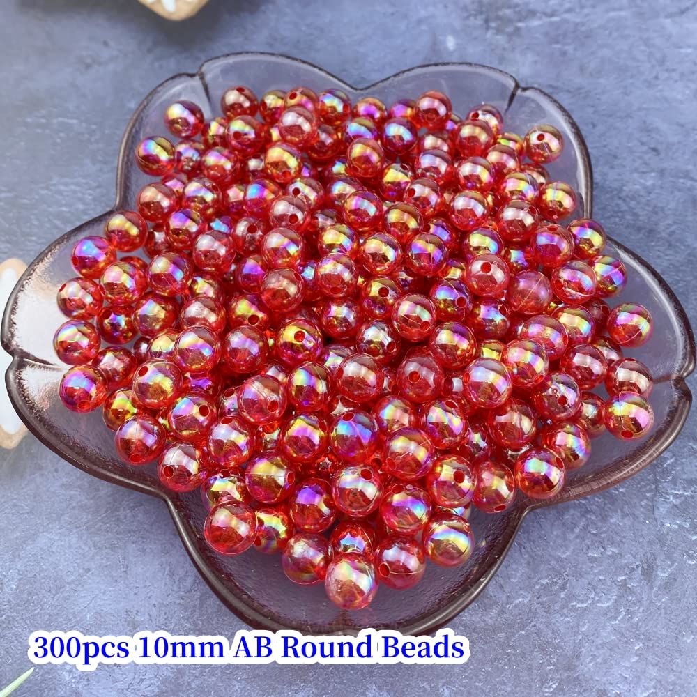300 Pcs 10mm Acrylic Round Beads AB Colors Round Spacer Beads for Earring Bracelet Necklace Key Chains Jewelry DIY Craft Making(Red AB)