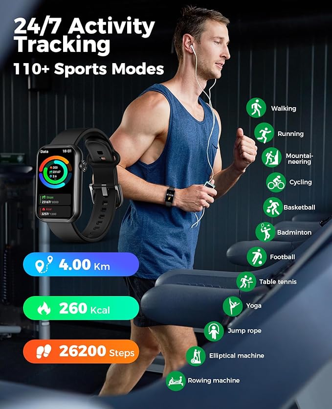 Smart Watch Fitness Tracker (Answer/Make Call), 24/7 Heart Rate Spo2 Blood Pressure Monitor Sleep Tracker, 114 Sports Modes Pedometer Calorie Step Tracker, Waterproof Activity Tracker for Women Men