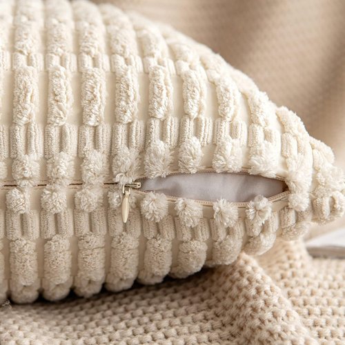 MIULEE Corduroy Decorative Throw Pillow Covers - Soft Boho Striped Design | 12x12 Inch Cream White for Sofa & Bed