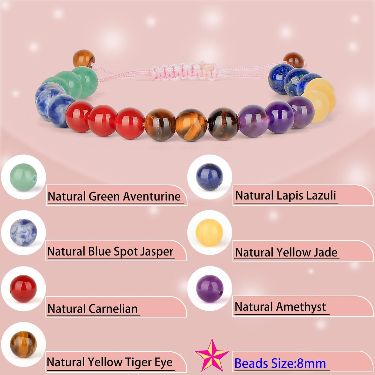 LPBeads 8mm Chakra Bracelet with Handmade Rope Bracelet Size Adjustable Natural Stone Crystal Healing Bracelets Gifts for Unisex Adults