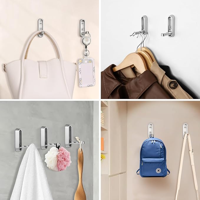 Dntorx Foldable Wall Hook, 40 lbs Heavy Duty Screw Mounted, Aluminum Alloy Flip-Down Silver Coat Hook, Space-Saving Folding Wall Hanger for Bathroom Bedroom Entryway Closet, Includes Screws (4 Pack)