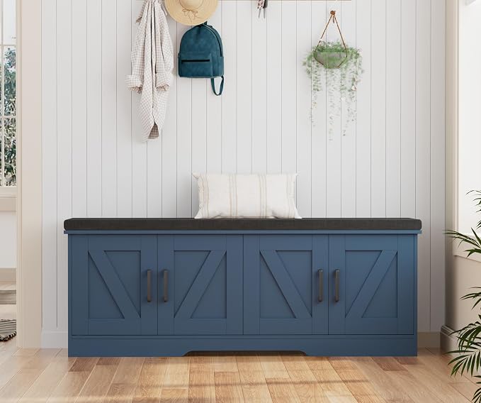 HOMSHO 2-Tier Storage Bench, 47.2" Wide Shoe Bench with Padded Seat Cushion, Entryway Bench with 4 Barn Doors and Adjustable Shelf, Blue