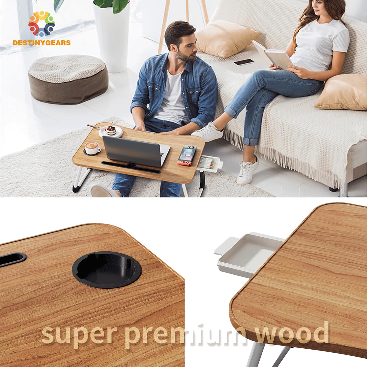 Lap Desk Bed Trays for Eating and Laptops Breakfast in Bed Tray for Sofa/Couch/Study/Reading/Writing with Cup Holder/Drawer On Low Sitting Floor Large Portable Foldable (Walnut Beige)