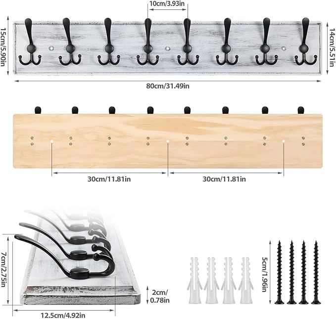 Coat Rack Wall Mount, Wooden Heavy Duty Coat Rack for Wall,8 Triple Coat Hanger Hooks for Hanging Coats,Jacket,Hat,Clothes (Grey White, 8 Hooks)