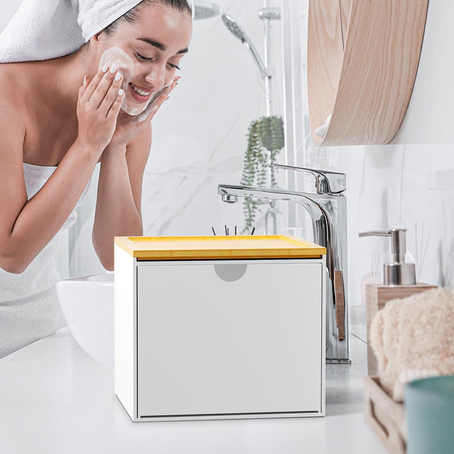 VITVITI Drawer Disposable Face Towel Holder Box, Acrylic Facial Towel Container for XL Clean Skin Club, Large Disposable Face Towels Storage with Bamboo Lid, for Bathroom, Vanity Makeup, White
