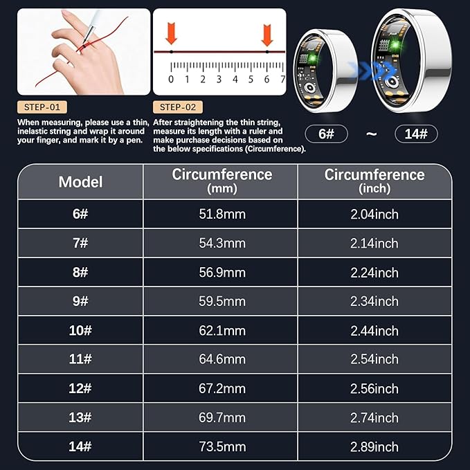 Smart Health Ring for Women Men, Fitness Tracker Ring with Heart Rate, Blood Oxygen, Sleep Tracker, Step Tracker, No Subscription Fee, IP68 Waterproof Smart Ring for iPhone & Android (Silver, 14#)