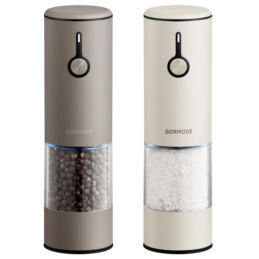 Stainless Steel Rechargeable Electric Salt and Pepper Grinder Set – USB Charging, One-Hand Electric Mill, Adjustable Coarseness, LED Light & Dust Cover –2pack(Greige & Buttercream)