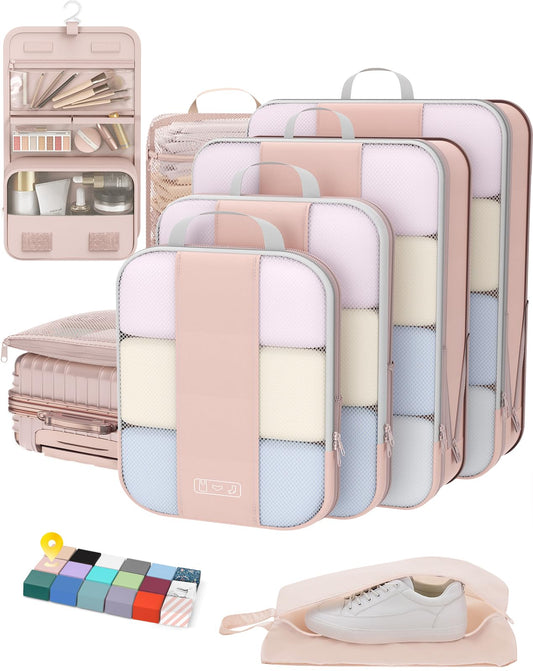 OlarHike 8 Set Compression Packing Cubes for Travel Gifts Mom Women,Luggage Clothes Organizer for Travelers,Airplane/Cruise/Car/Train Travel Essentials,Compressible Expandable Saver Space Bags(Beige)