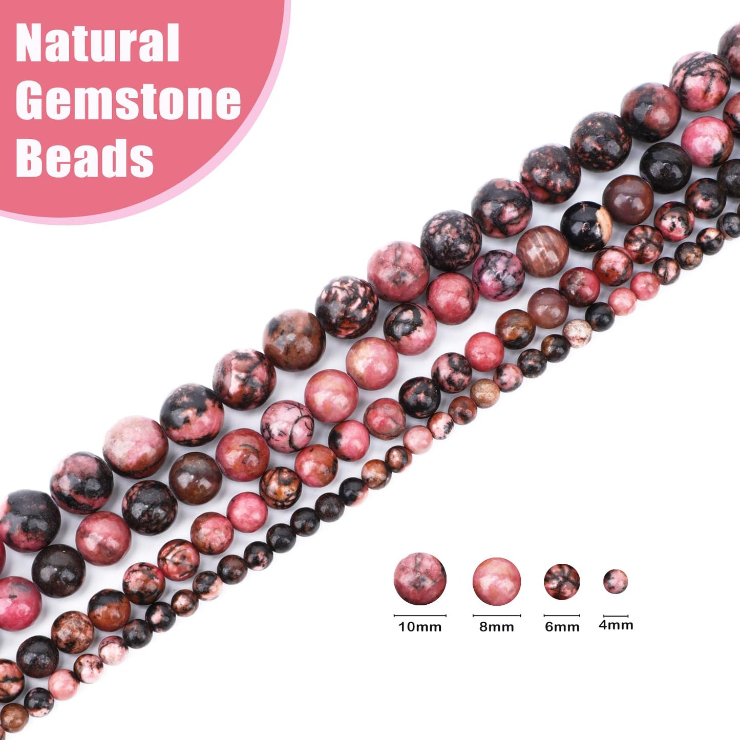 CMBYN Natural Stone Beads Round Genuine Real Stone Beading Strand Loose Gemstones DIY Smooth Bead for Bracelet Necklace Earrings Jewelry Making (Pink Black Rhodonite, 4mm 90 Pieces)