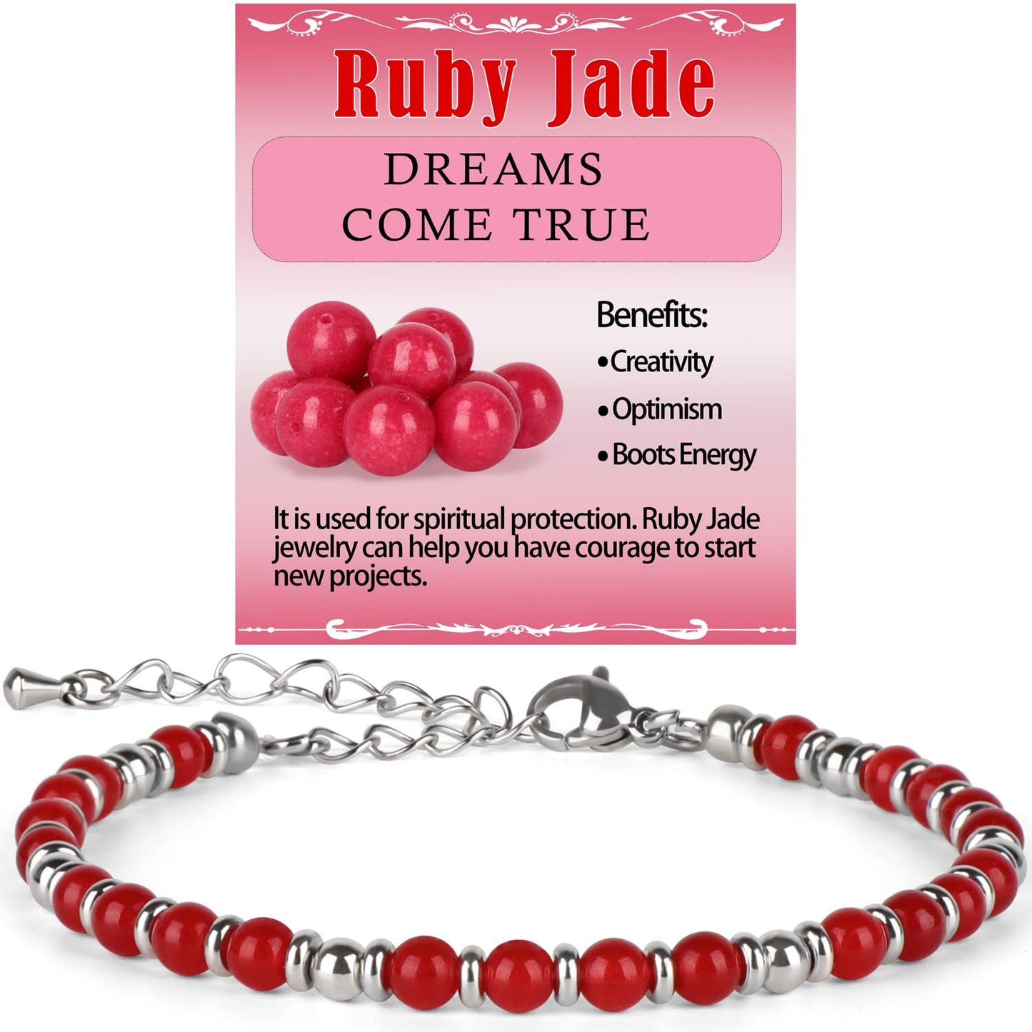 LPBeads 4mm Ruby Jade Tiny Beaded Bracelets For Women, Energy Gem Charm Jewelry Adjustable Bracelet Gifts for Mom, Daughter, Wife, Coworkers, Friends, Bestie