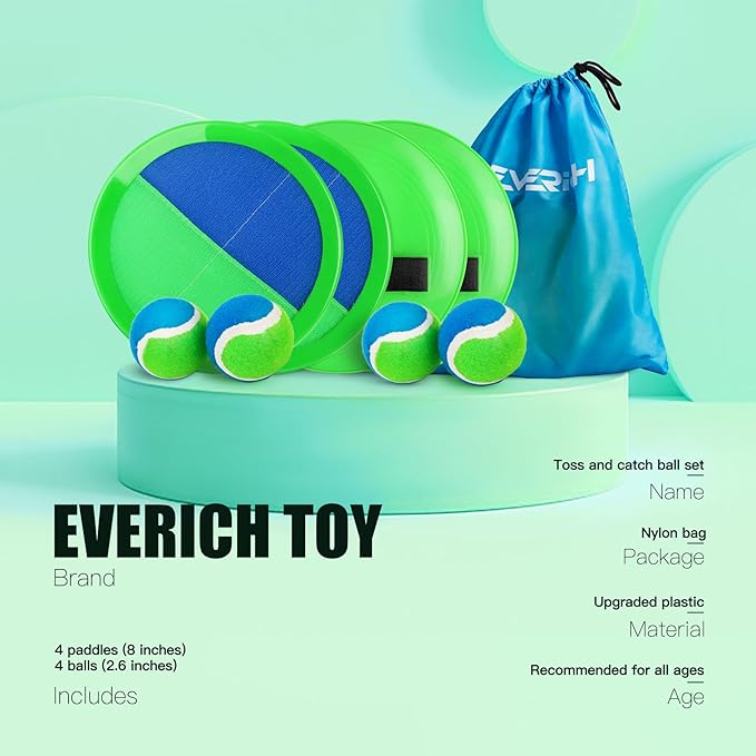 EVERICH Upgraded Toss and Catch Ball Game Set, Outdoor Games for Kids Outdoor Toys Yard Games, Beach Pool Toys for Adults Family 4 Paddles 4 Balls, Great Gifts for Boys Girls 3 4 5 6 7 8-12 Years Old