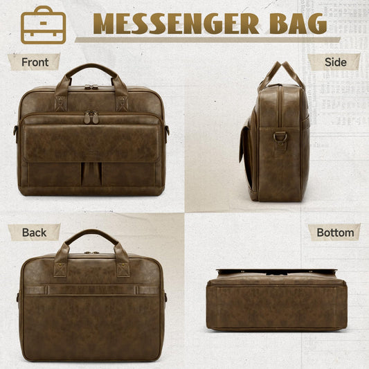 RAINSMORE Mens Laptop Bag PU Leather Messenger Bag 15.6 Inch Briefcase for Men Vintage Computer Satchel Shoulder Bag for Work, Business,Travel, Office, Dark Brown