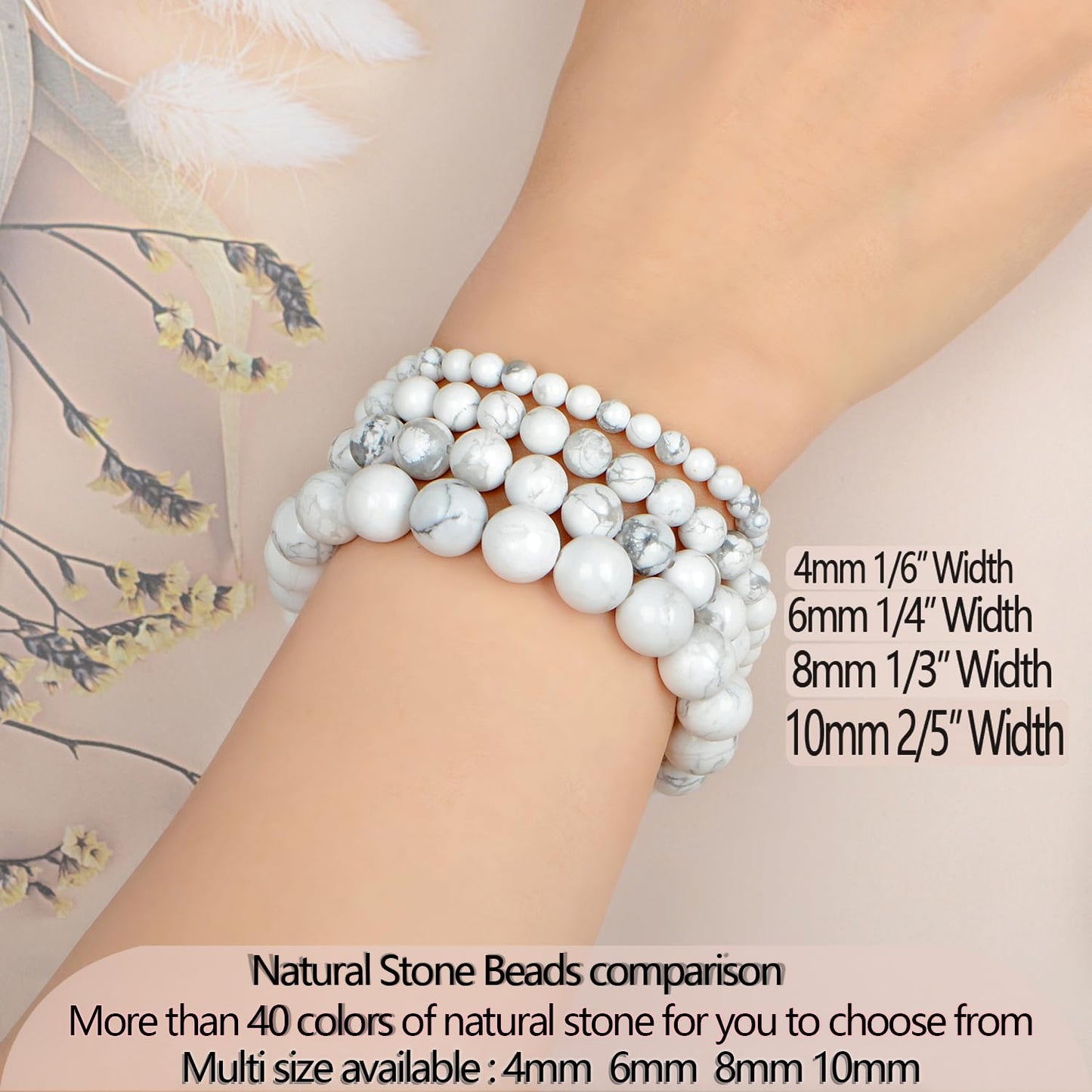 LPBeads Handmade Natural Gemstone Stretch Elastic 8mm White Howlite Bracelet Healing Crystal Round Stone Beads Jewelry Gifts for Women Men