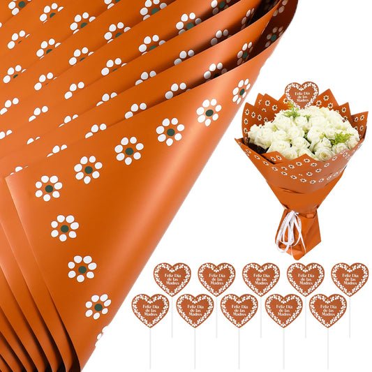 Fullhawl 20 Sheet Mexican Flower Wrapping Paper and 10 Pcs Feliz Dia De La Madre Cake Toppers Waterproof De Barro Brown White Floral Bouquet Wrap for DIY Gift Packaging Florist Supplies