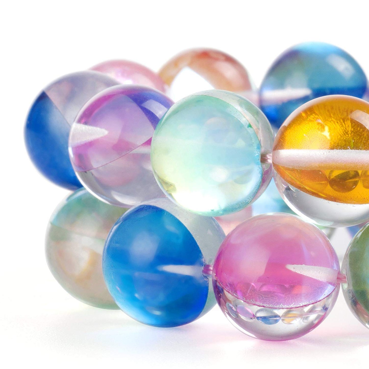 RUBYCA Round Moonstone Crystal Glass Beads Aura Iridescent for Jewelry Making (1 Strand, 12mm, Mix)