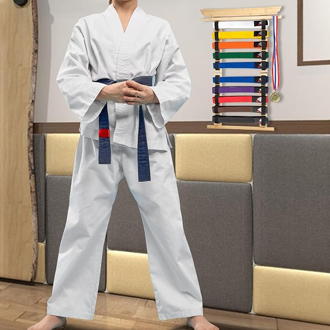 JUXYES Wall Hanging Martial Arts Belts Organizer for 10 Belts with Medal Hanger and Stickers, Bamboo Karate Belt Display Holder Rack, Taekwondo Belt Display Holder for Martial Arts Learners
