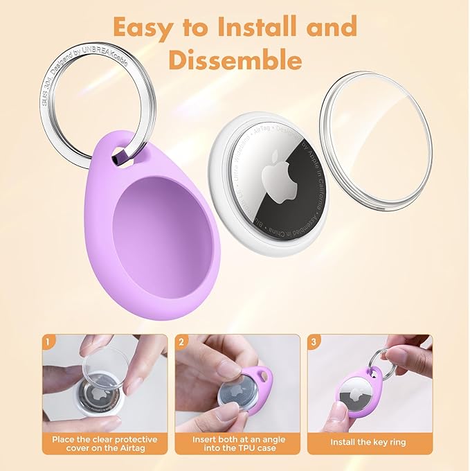 UNBREAKcable Holder for Apple AirTag with 304 Stainless Steel Keychain Key Ring - 4 Pack [Fit Tightly Design] [Easy to Install] [Hold Air Tag Securely] Waterproof TPU Shell Protective Case, 4 Color