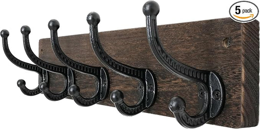 WEBI Rustic Coat Rack Wall Mount,5 Cast Iron Coat Hooks Wall Mounted,Heavy Duty Wood Wall Coat Hanger Hooks for Hanging Coats,Jacket,Clothes,Backpack,Farmhouse,Weathered Brown