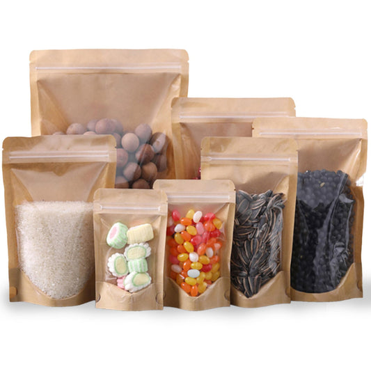 HIBCIGA 50pcs Kraft Bags With Window Clear Fornt Pouches Resealable Stand Up Zip Lock Food Storage Bags Brown 4.7"x7.8"