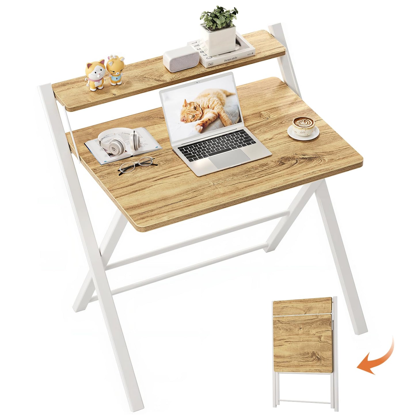GreenForest Portable Small Desk No Assembly, 2-Tier Compact Computer Desk with Shelf, Space Saving Foldable Table for Home Office, Bedroom or Apartment, Portable Collapsible Sturdy Laptop Desk, Oak