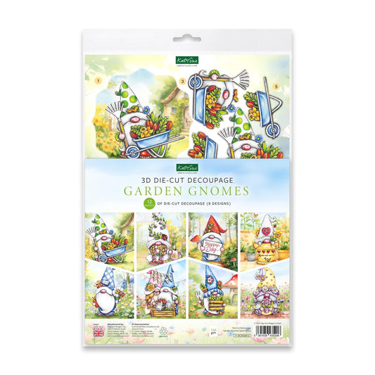 Katy Sue Garden Gnomes Die-Cut Decoupage Pack. 12 Sheets of Gnome, Gonk & Garden-Themed Die Cuts for Card Making Supplies with Sentiments & Card Toppers on 150 GSM Paper. UK-Made.