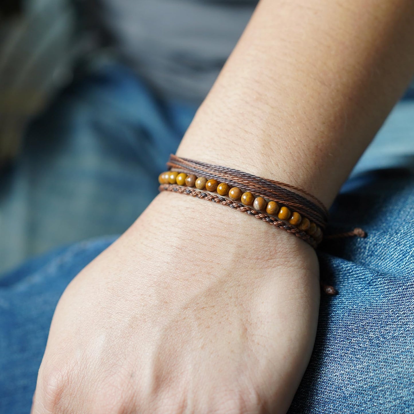 Handmade Natural Stone Beaded Healing Bracelet Gift for Men Adjustable Rope String Bracelet (wooden jasper, Adjustable)
