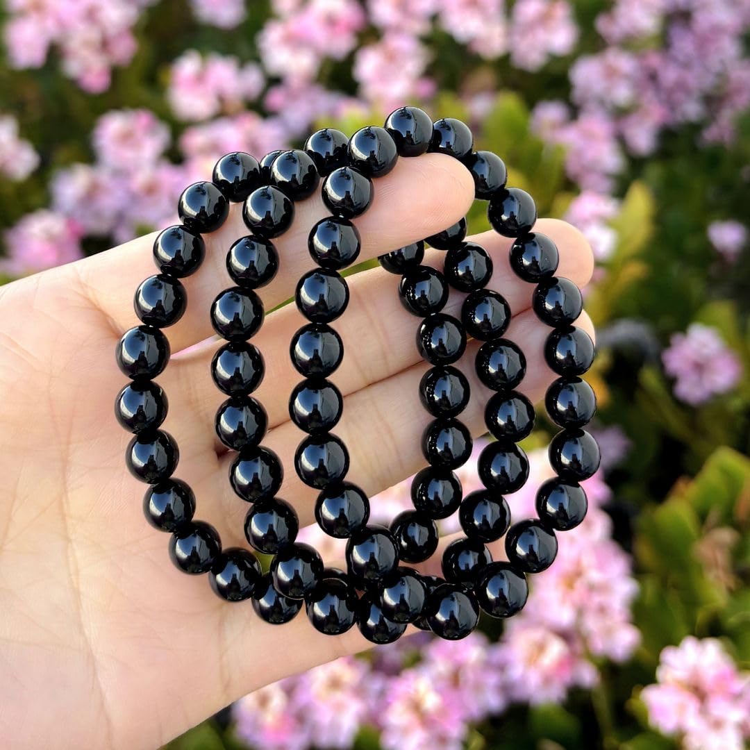 Adabele Real Natural Black Agate Gemstone Beaded Bracelet 8.5 inch Stretch Chakra Healing Crystal Stone Jewelry Women Mom Gift (Unisex) GB8-D30
