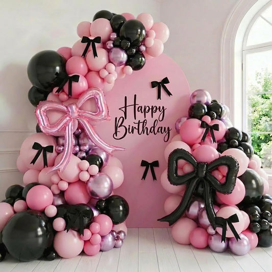 coquette birthday decorations 150pcs balloon garland arch kit with metallic purple pink black bow cake topper ribbon bow tie and mylar foil balloons for girls bachelorette party decorations