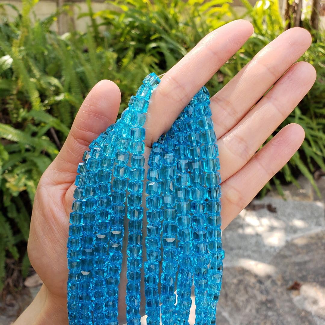 200pcs Czech Faceted Cube Crystal Glass Loose Beads Spacer Bulk 6mm (0.24 Inch) Aqua Blue for DIY Jewelry Craft Making CCC610