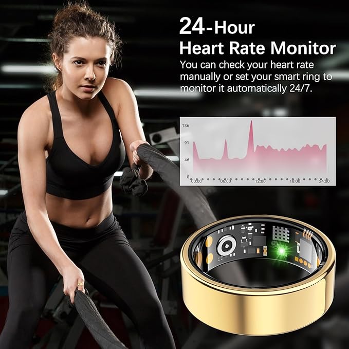 Ring Health Tracker for Women Men, Fit Ring with Heart Rate, Blood Oxygen, Sleep Monitor, Calories, Step Counter, IP68 Waterproof Smart Ring for iPhone & Android, No Subscription Fee (Gold, 6#)