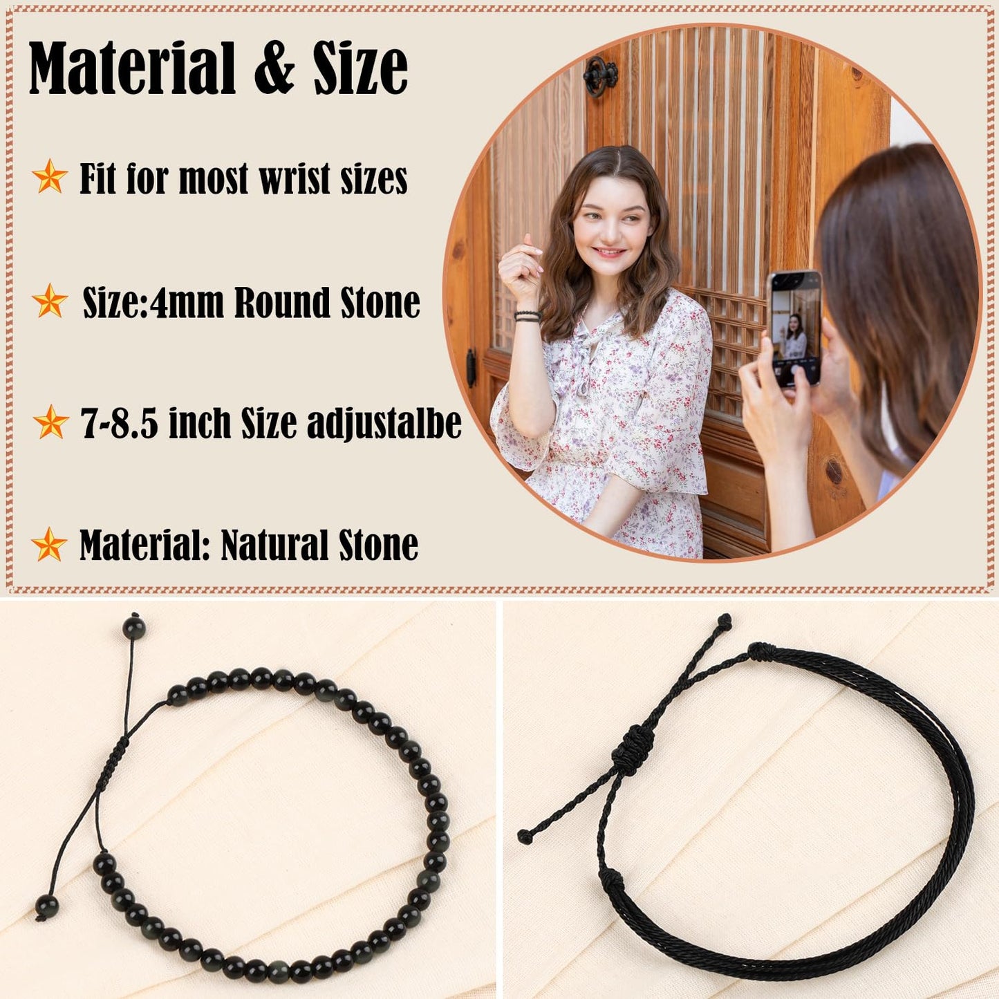 LPBeads 4mm Black Obsidian Bracelet with Handmade Rope Bracelet Size Adjustable Natural Stone Crystal Healing Bracelets Gifts for Unisex Adults