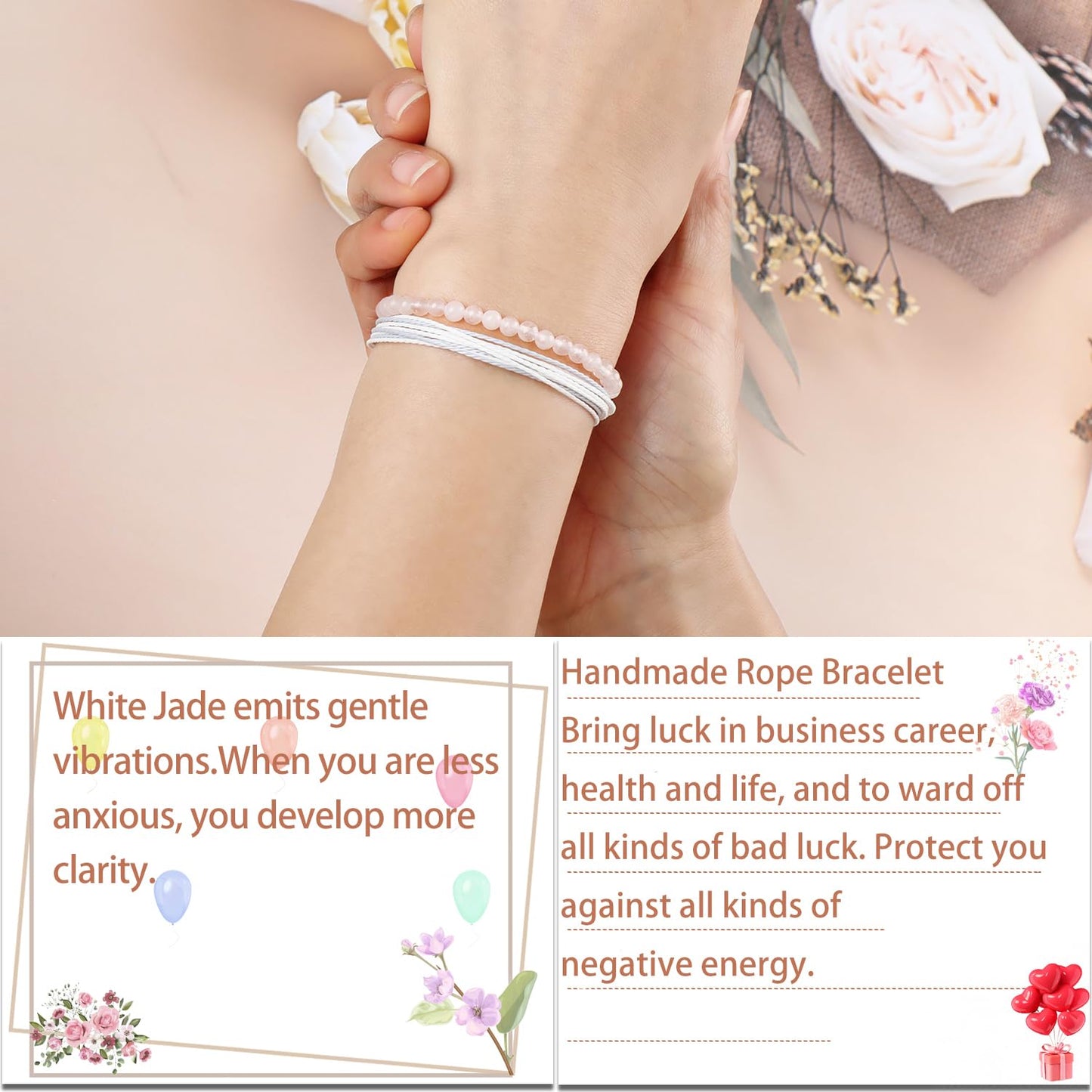 LPBeads 4mm White Jade Bracelet with Handmade Rope Bracelet Size Adjustable Natural Stone Crystal Healing Bracelets Gifts for Unisex Adults