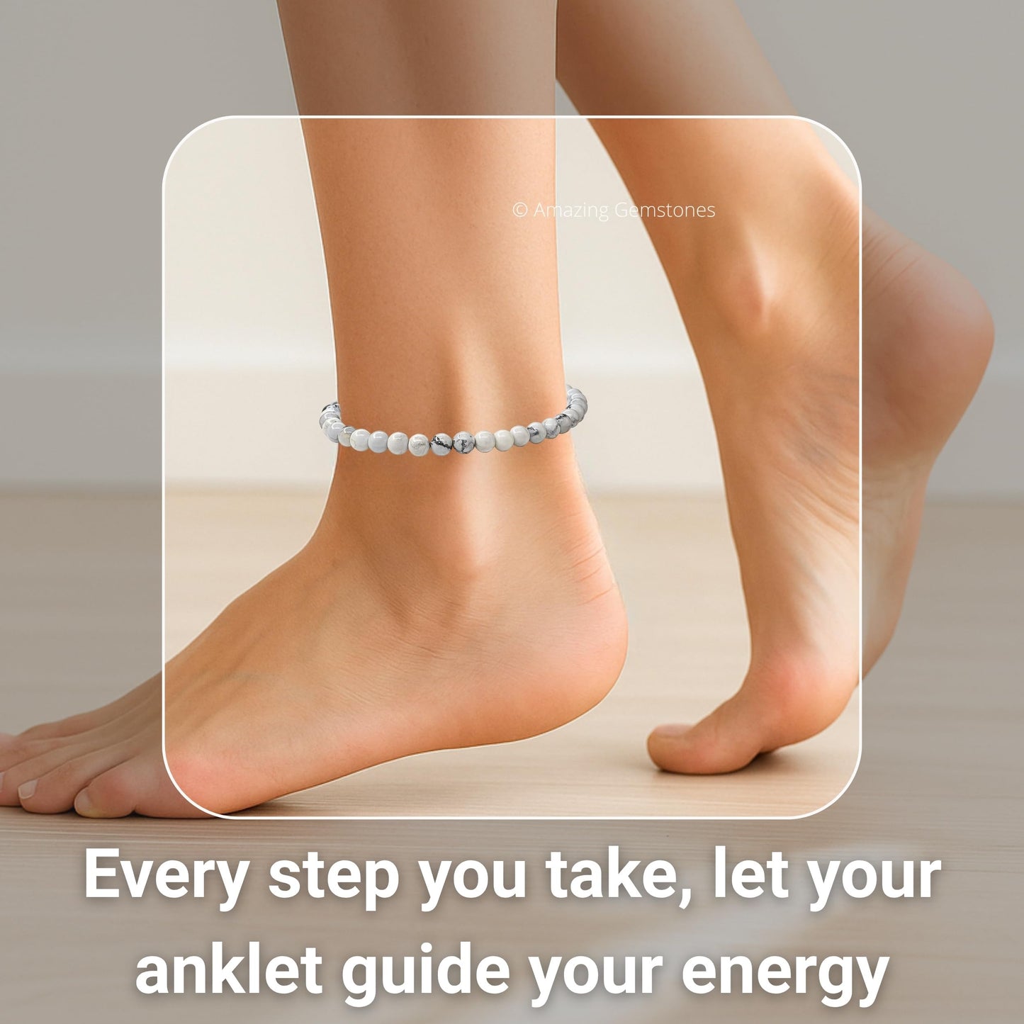 Amazing Gemstone Howlite Anklet Ankle Bracelets for Women - Waterproof Beaded Healing Crystal Anklets, Plus Size Chakra Gemstone Bead Anklet (Stretchy Adjustable - Plain)
