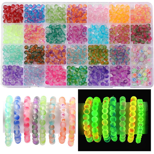 Glow in The Dark Glass Beads for Bracelet Making, 850pcs 6mm 26 Color Crystal Gem Beads Round with Luminous Numbers&Letters Craft Beads for Bracelets Necklaces Earring Making Kit Party Decor