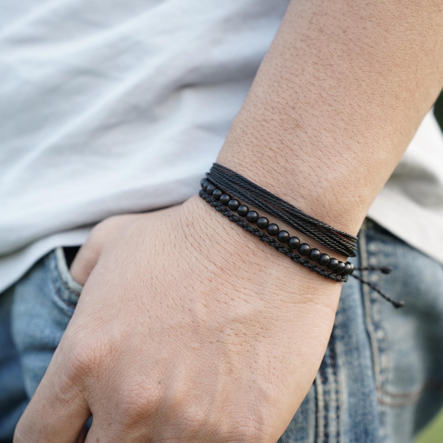 Handmade Natural Stone Beaded Healing Bracelet Gift for Men Adjustable Rope String Bracelet (black agate, Adjustable)