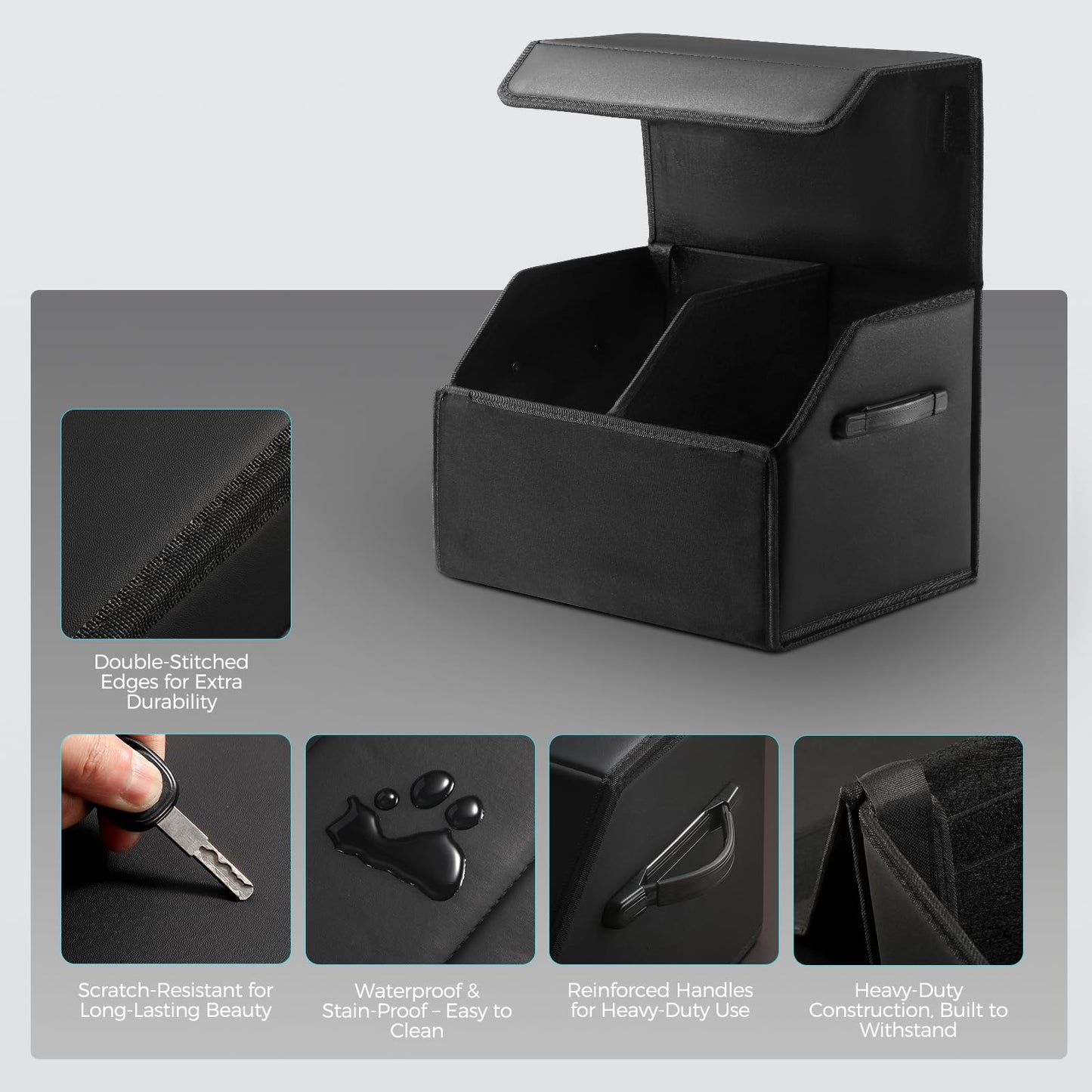 Fyzeoty Car Organizers for Trunk for Suv Sedan, Leather Storage Box,Magnetic Lid,Collapsible and Adjustable,16.5 inches