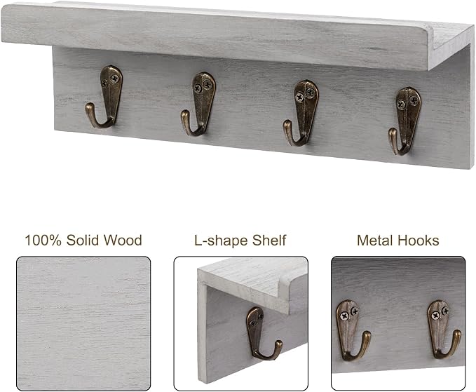 HRONRAD Rustic Key Holder for Wall, Farmhouse Wall Shelf with 4 Hooks, Wall Mounted Key Racks, Wooden Mail Organizer with Hooks for Entryway (Grey)