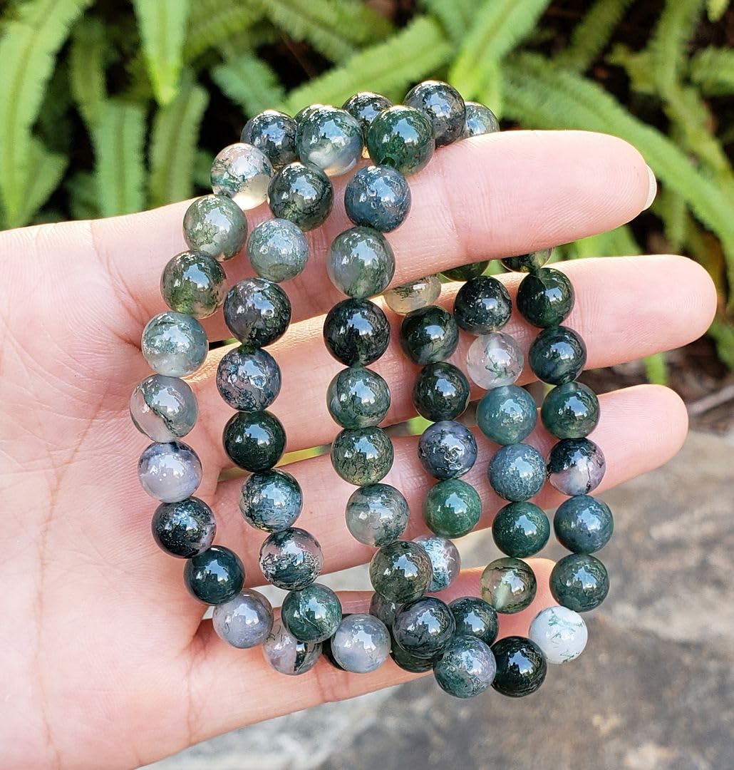 Adabele Real Natural Moss Agate Gemstone Beaded Bracelet 8.5 inch Stretch Chakra Healing Crystal Stone Jewelry Women Mom Gift (Unisex) GB8-D25