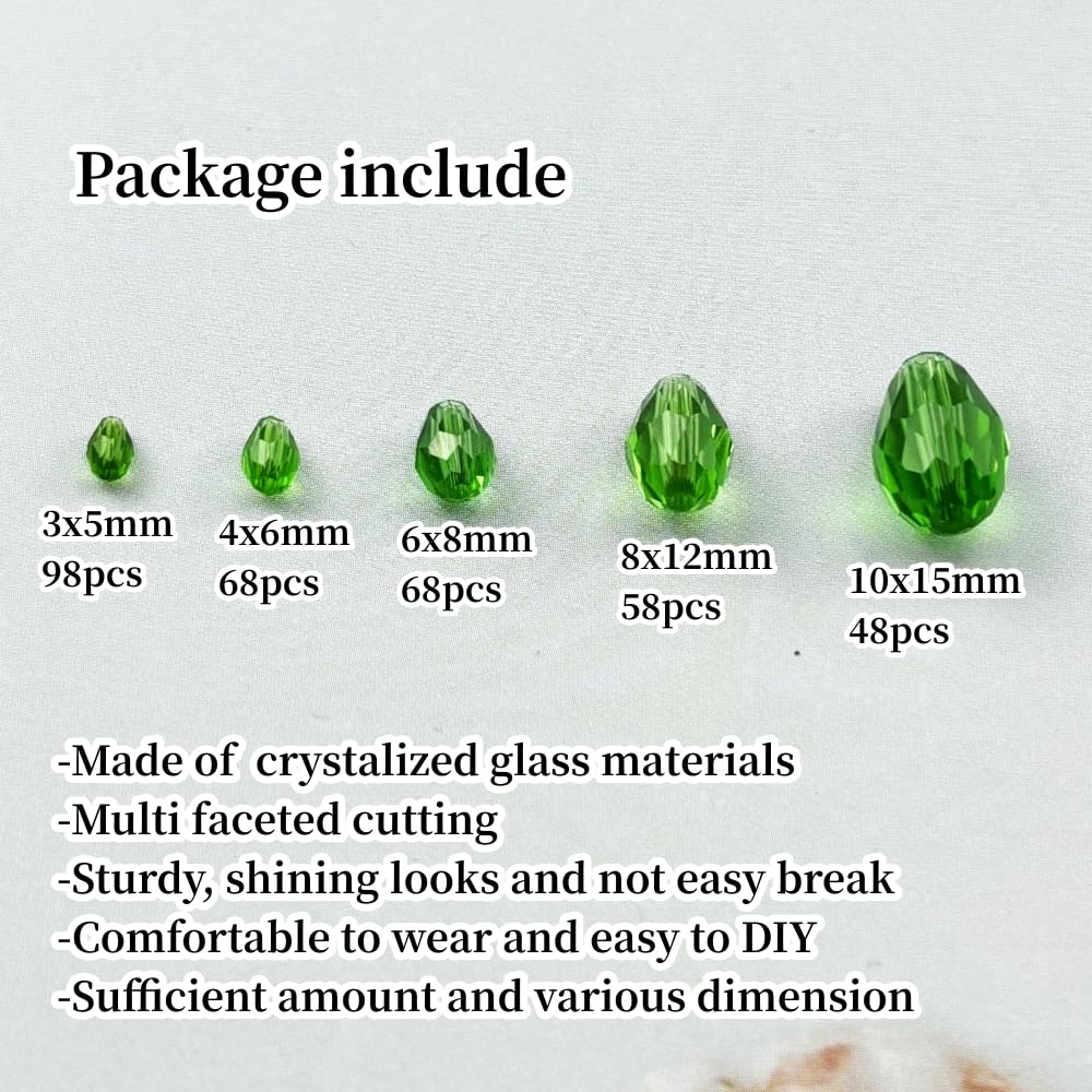 Xinhongo 340pcs Teardrop Crystal Glass Beads 3x5mm 4x6mm 6x8mm 8x12mm 10x15mm Vertical Hole Faceted Glass Spacer Beads for Necklace Bracelet Earrings DIY Jewelry Crafts(Grass Green)