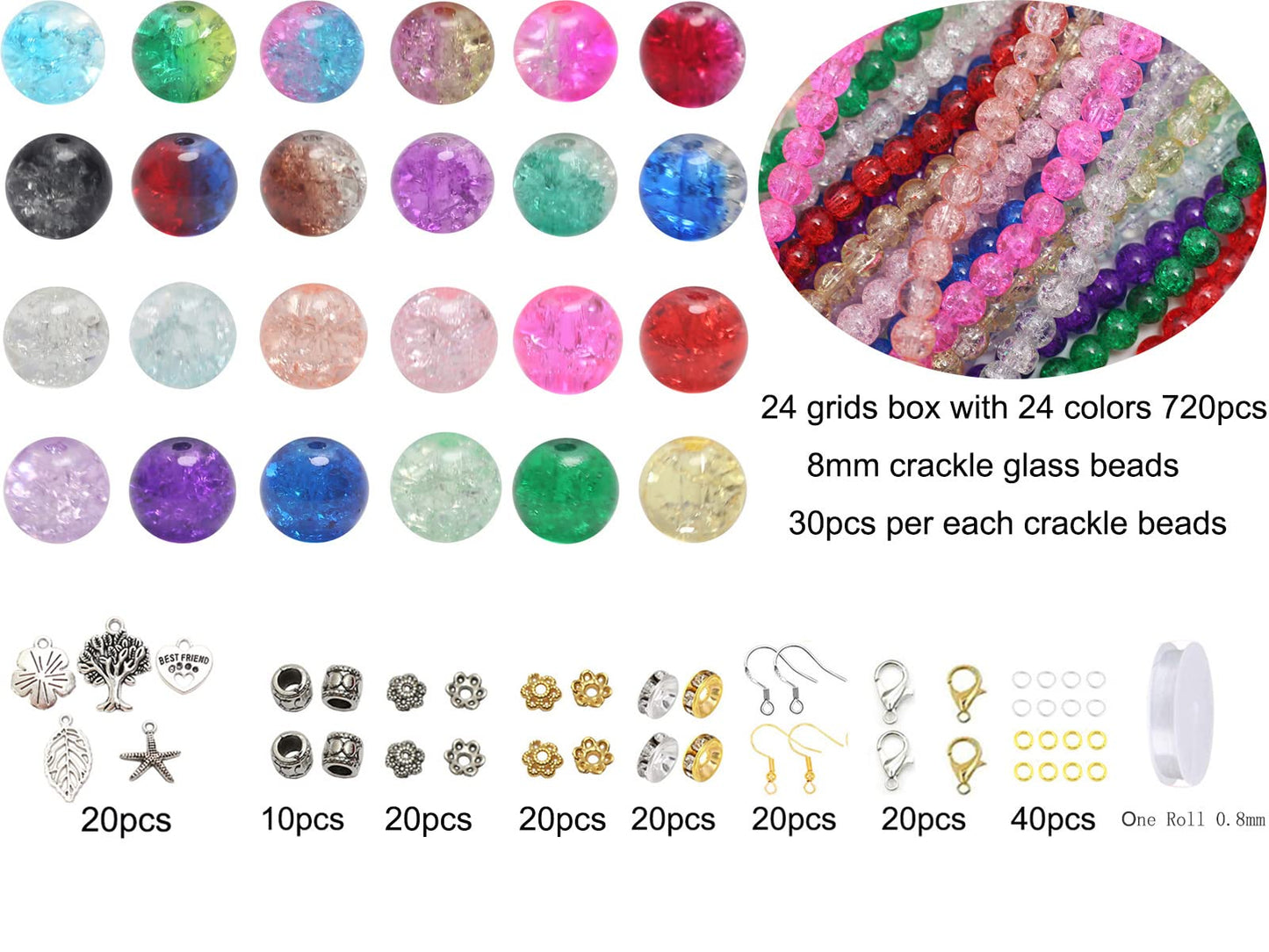 Pamir Tong 720PCS 8mm Crackle Glass Round Bulk, Bracelet Space Loose Smooth Beads for Jewelry Making Earring, Necklaces, and DIY Crafts,Keychains, Lanyards & Adult Crafting