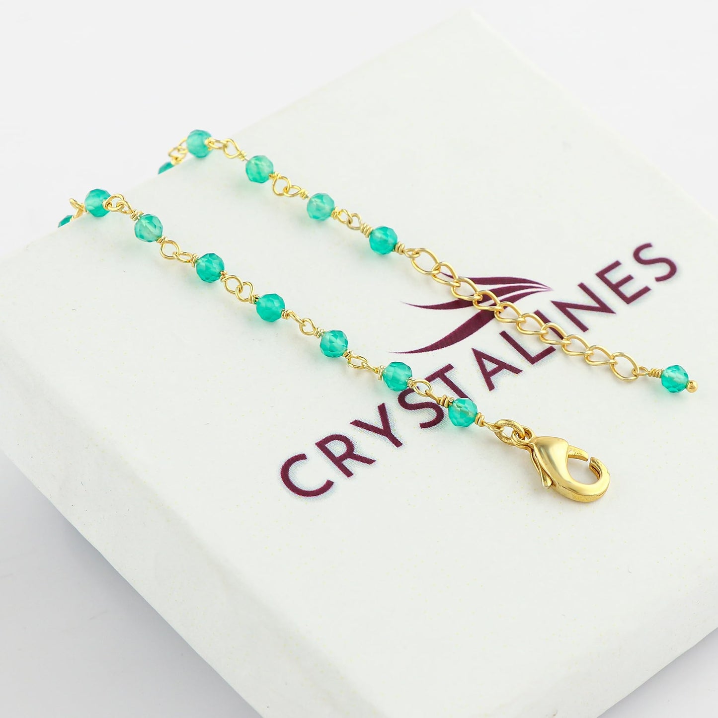 CRYSTALINES Natural Green Onyx Gemstone Cluster Bracelet, 14K Gold Plated Rosary Chain Beads, Handmade Bohemian Jewelry for Women, Healing Crystals, Birthday Christmas Gifts