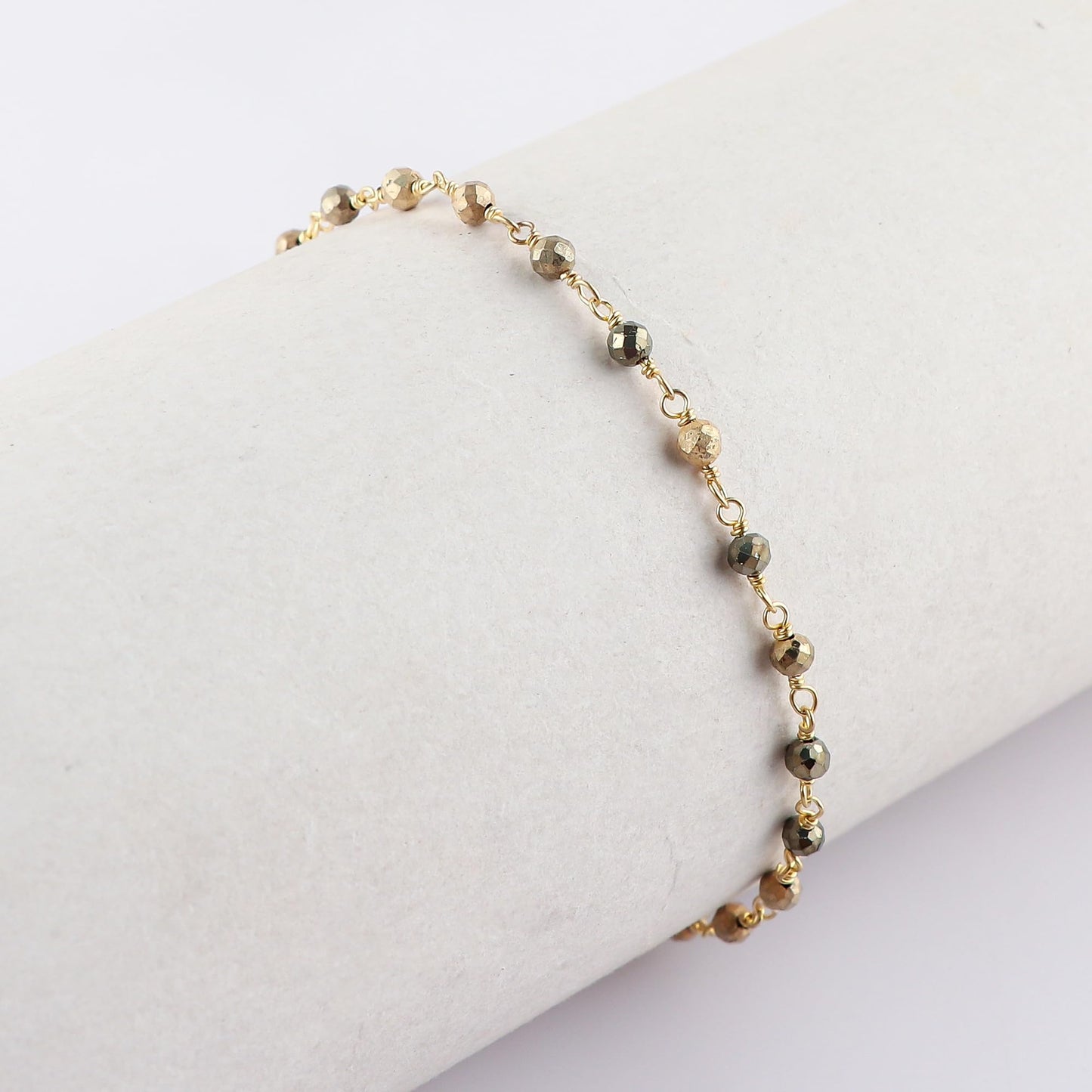 CRYSTALINES Natural Golden Pyrite Gemstones Bracelet Handmade Hypoallergenic Gold Plated Jewelry for Women Healing Crystals Microfaceted Beads Rosary Chain Boho Birthday Bracelet, 7+1inch