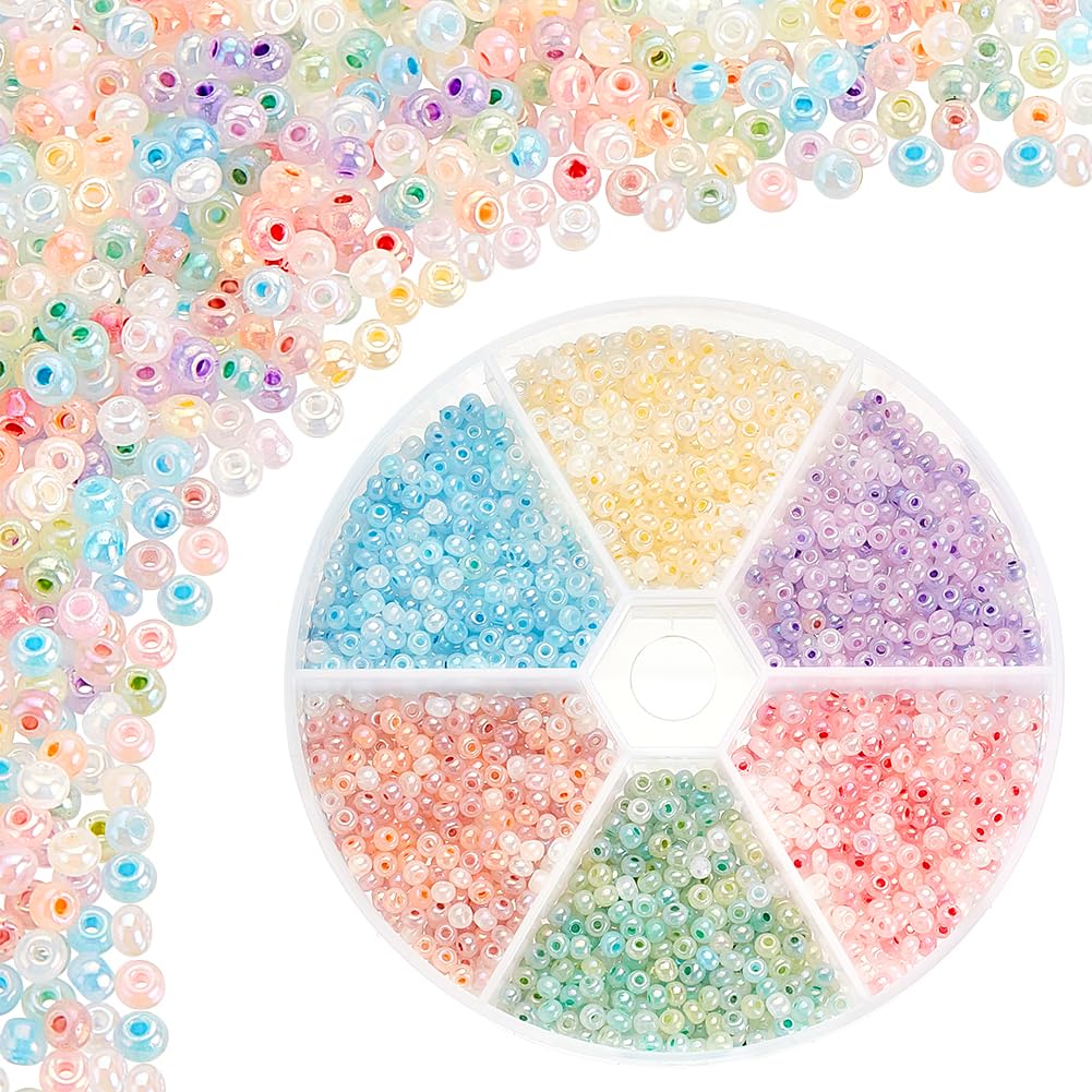 PH PandaHall 1800pcs 6 Colors Cloudy Fantasy Seed Beads 3mm Creamy Glass Beads Round Waist Beads Little Pastel Beads Small Craft Spacer Beads for Bracelet Necklace Earring Summer Seaside