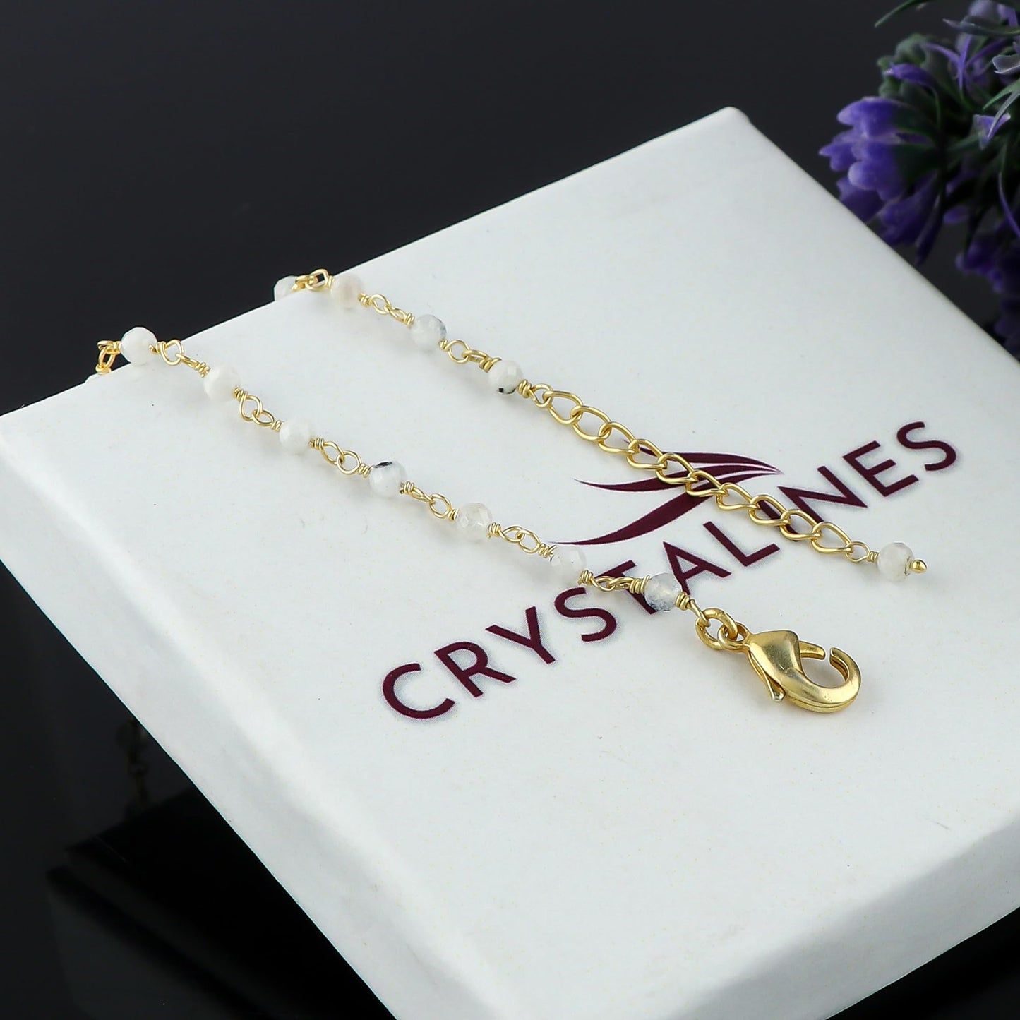CRYSTALINES Natural Rainbow Moonstone Gemstone Cluster Bracelet, 14K Gold Plated Rosary Chain, Handmade Bohemian Women Jewelry, Healing Crystals Beads, June Birthstone (Approx. 7+1inch)