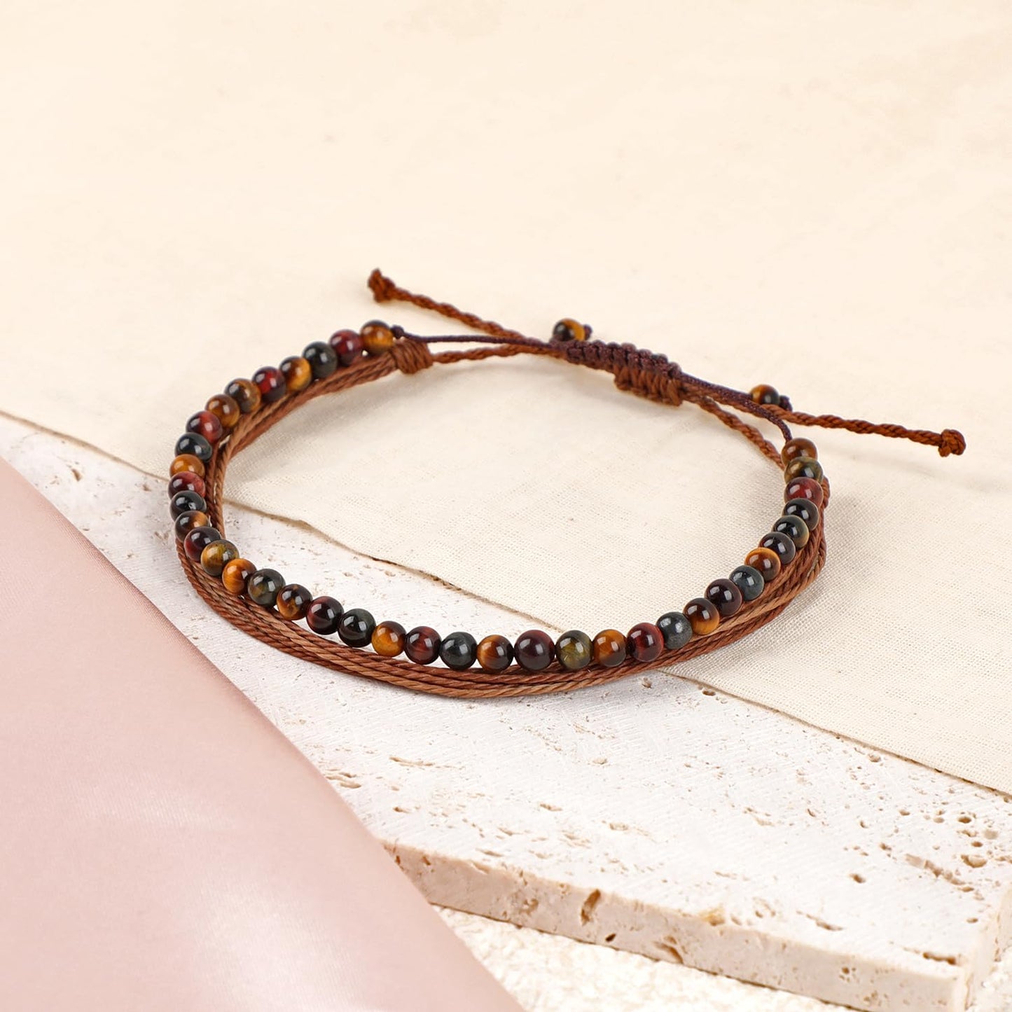 LPBeads 4mm Multicolor Tiger's Eye Bracelet with Handmade Rope Bracelet Size Adjustable Natural Stone Crystal Healing Bracelets Gifts for Unisex Adults