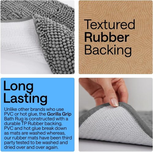 GORILLA GRIP Bath Rug Mat - Thick Soft Absorbent Chenille | Quick Dry Microfiber, 44x26, Grey