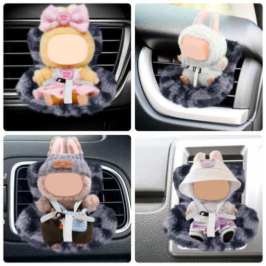 Car Seat for Dolls, Cute Safety Decorative Sofa with Soft Furry Cushion, Air Vent Clip Display Chair Stylish Car Desktop Decor for Blind Box Toys & Collectible Dolls (Blue Gray Leopard)