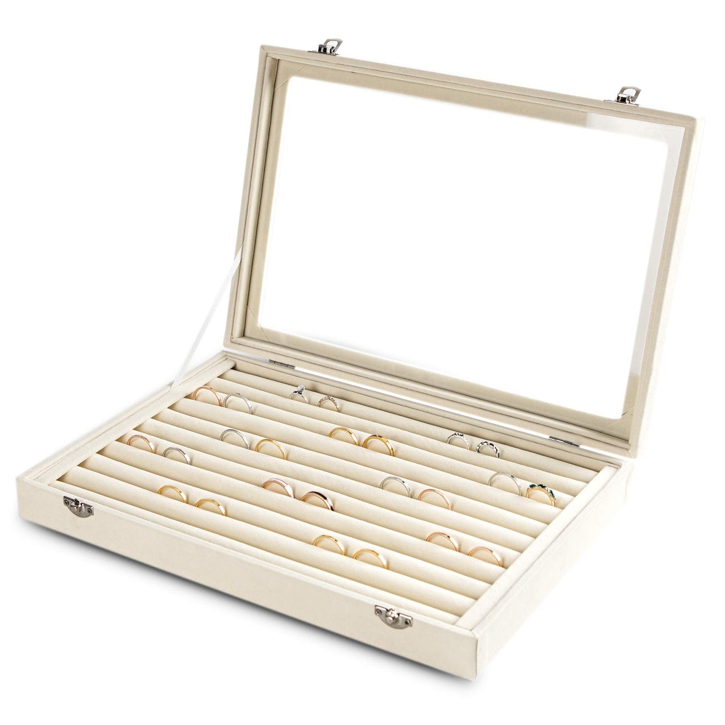 Frebeauty Rings/Earrings Organizer Tray with Clear Lid 10 Slots Velvet Drawer Insert Jewelry Storage box with Glass lid Jewelry Display Case Showcase Gift for Girls Women (Beige, 10 Slots)