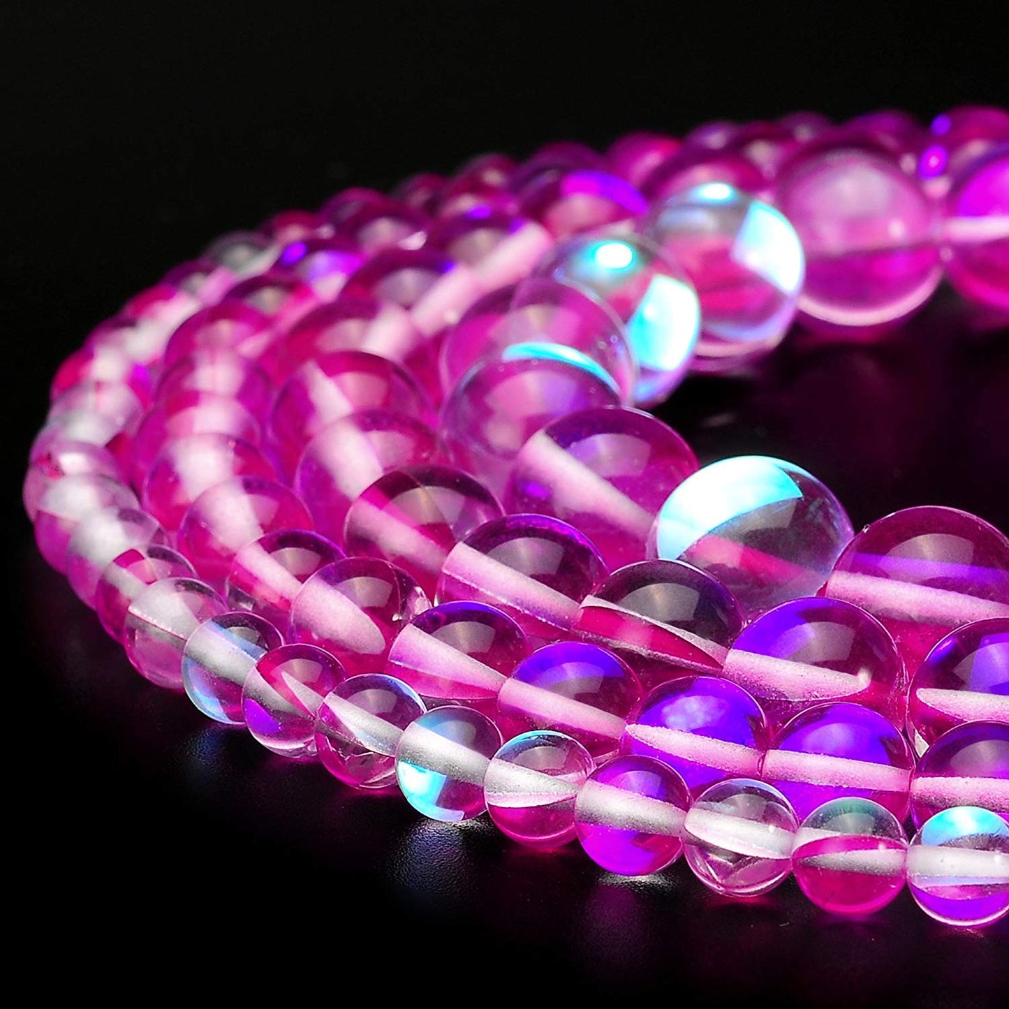 RUBYCA Round Moonstone Crystal Glass Beads Aura Iridescent for Jewelry Making (1 Strand, 12mm, Pink)