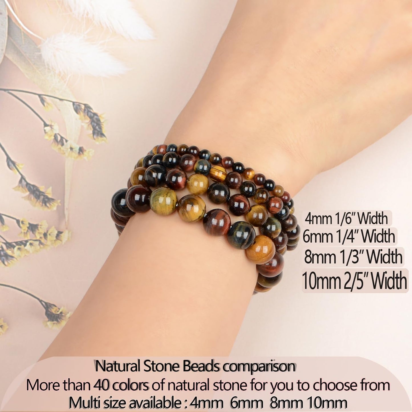 LPBeads Handmade Natural Gemstone Stretch Elastic 6mm Multicolor Tiger's Eye Bracelet Healing Crystal Round Stone Beads Jewelry Gifts for Women Men
